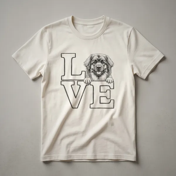 Black t-shirt with a graphic design of a Leonberger dog's head within a heart outline.