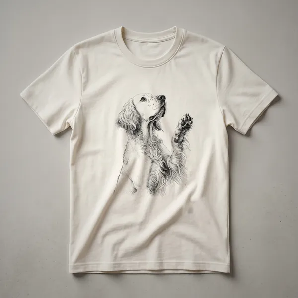 Black t-shirt with a graphic design of a paw print containing the face of an English Setter dog.