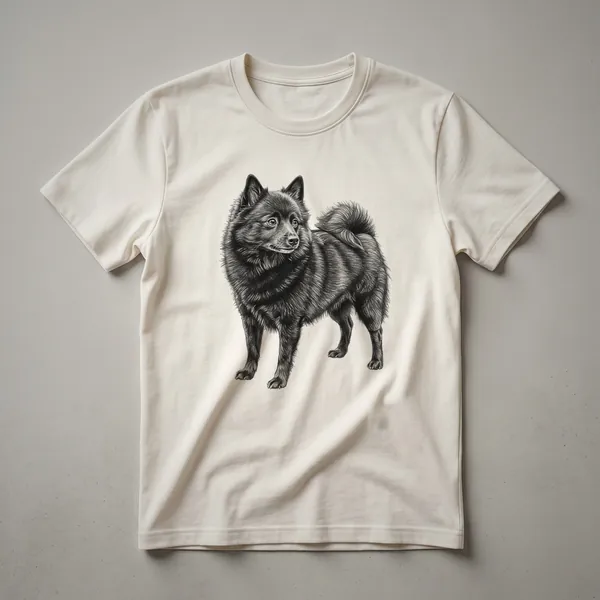 A black graphic t-shirt featuring a minimalist line art drawing of a Schipperke dog's head.