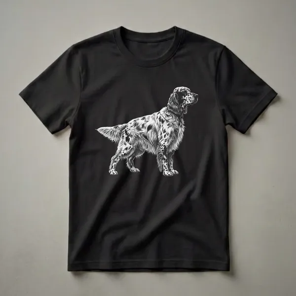 Black and white sketch of an English Setter dog standing in profile, showcasing its speckled coat and feathered tail, printed on a black t-shirt.