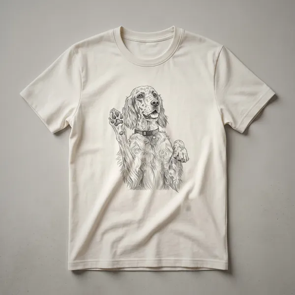 A white t-shirt with a black graphic design of a dog paw print containing the words 'English Setter'.