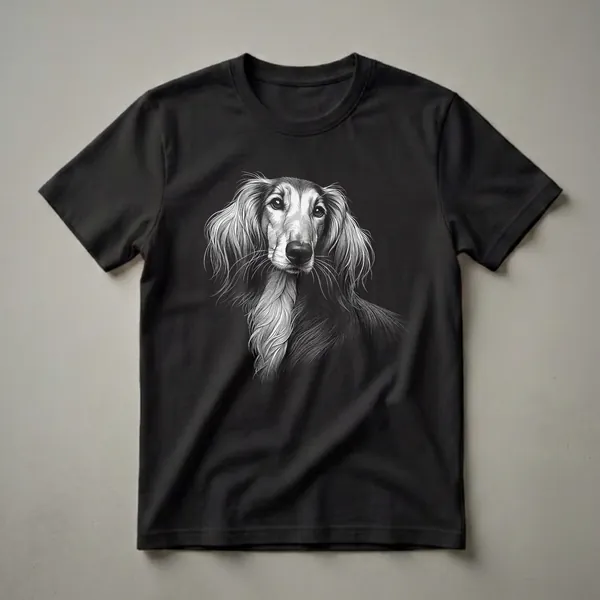 Black and white sketch of a Saluki dog's head and flowing mane, depicted in a vintage art style on a black t-shirt.