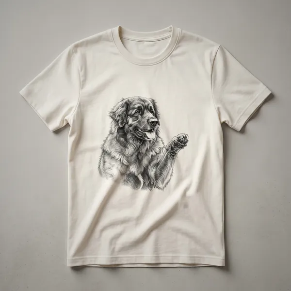 Black graphic t-shirt featuring a sketch of a Leonberger dog with its paw raised.