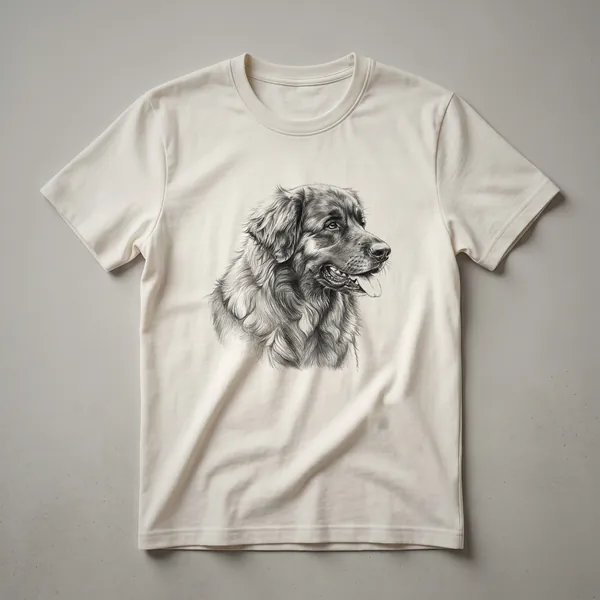 White t-shirt with a black and white sketch of a Leonberger dog's head, featuring its distinctive mane and facial features.