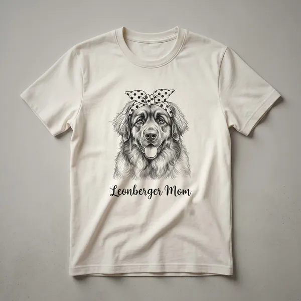 A black t-shirt featuring a stylized graphic portrait of a Leonberger dog with the text 'Leonberger Mom' above it.