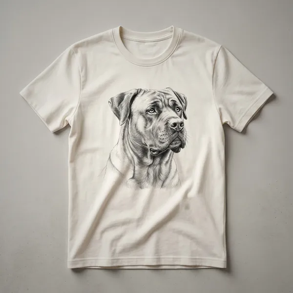 Black and white sketch of a Boerboel dog's head with prominent features, set against a white t-shirt background.