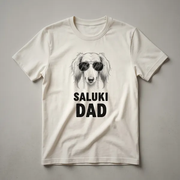 A black t-shirt with a graphic of a Saluki dog's head in a stylized portrait design, labeled 'Saluki Dad'.