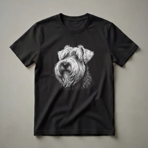 Black t-shirt featuring a white scratchboard art illustration of a Sealyham Terrier's head with detailed fur, eyebrows, and beard.
