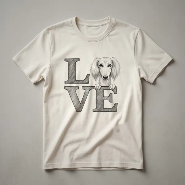 Black minimalist line drawing of a Saluki dog in profile on a white t-shirt, showcasing its elegant silhouette.