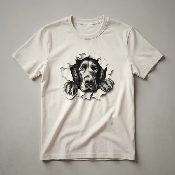 A graphic t-shirt featuring a black and tan Gordon Setter dog peeking over the bottom edge of the design.