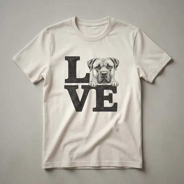 White graphic t-shirt featuring the head of a Boerboel dog with a red heart symbol on its chest, designed for dog lovers.