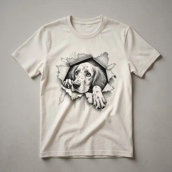 White graphic t-shirt featuring a cartoon English Setter dog peeking over the bottom edge, with its head and paws visible.