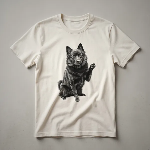 White graphic t-shirt featuring a black silhouette of a Schipperke dog inside a heart shape with paw prints.