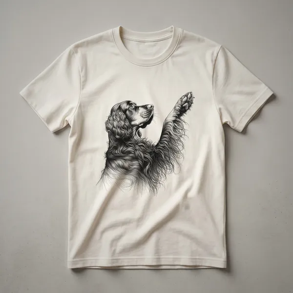 A graphic t-shirt featuring a black dog paw print with a red heart shape inside, representing love for Gordon Setters.