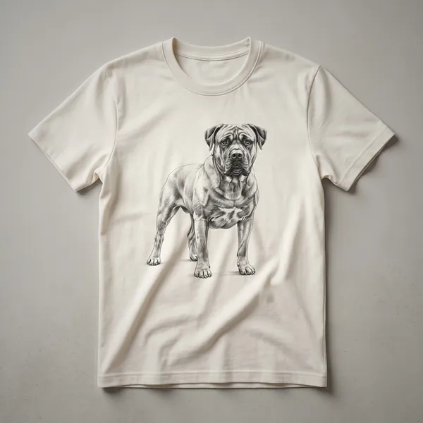 White graphic t-shirt featuring a stylized illustration of a Boerboel dog's head surrounded by colorful floral elements.