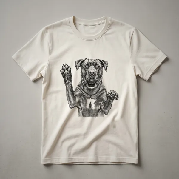 White graphic t-shirt featuring a cartoon Boerboel dog with one paw raised in a playful gesture, against a plain background.