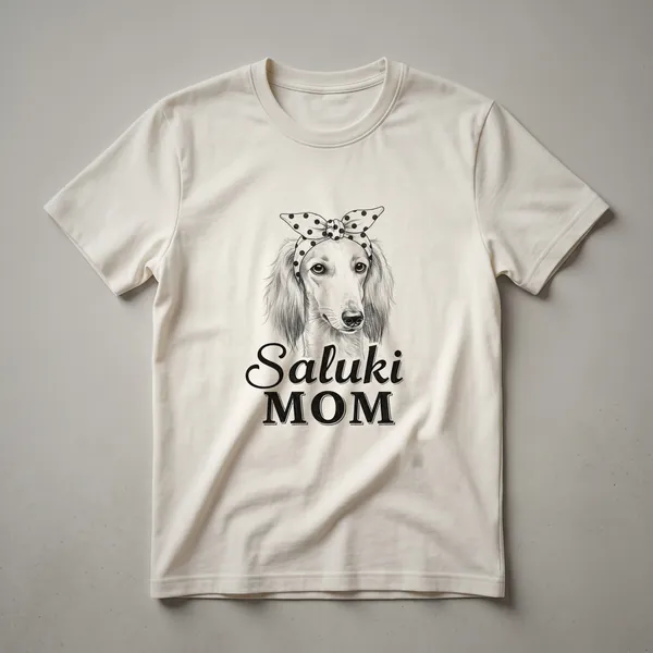 White graphic t-shirt with a black silhouette of a Saluki dog and the text 'Saluki Mom' above it.