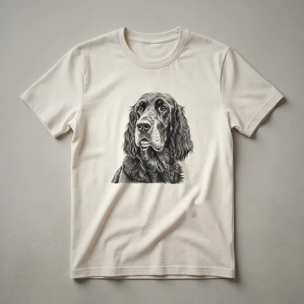 A black and white sketch of a Gordon Setter dog in profile, presented on a white t-shirt.