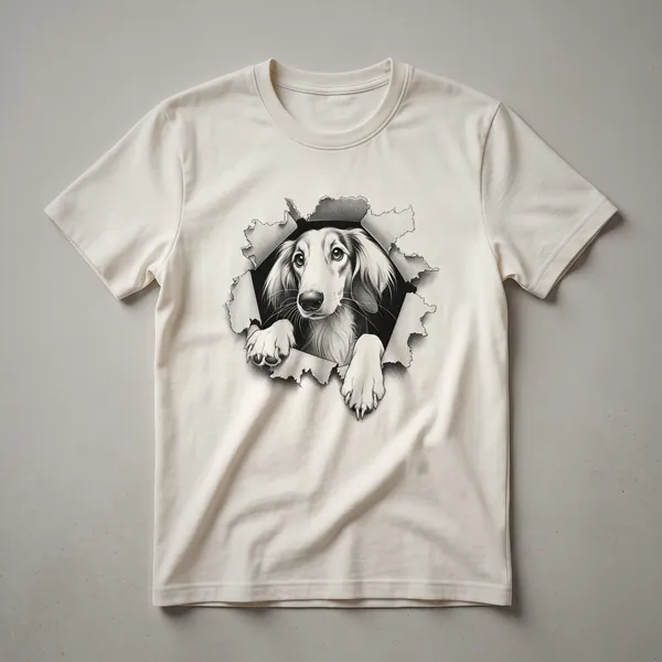 White graphic of a Saluki dog's head and neck peeking over a text box on a black t-shirt.