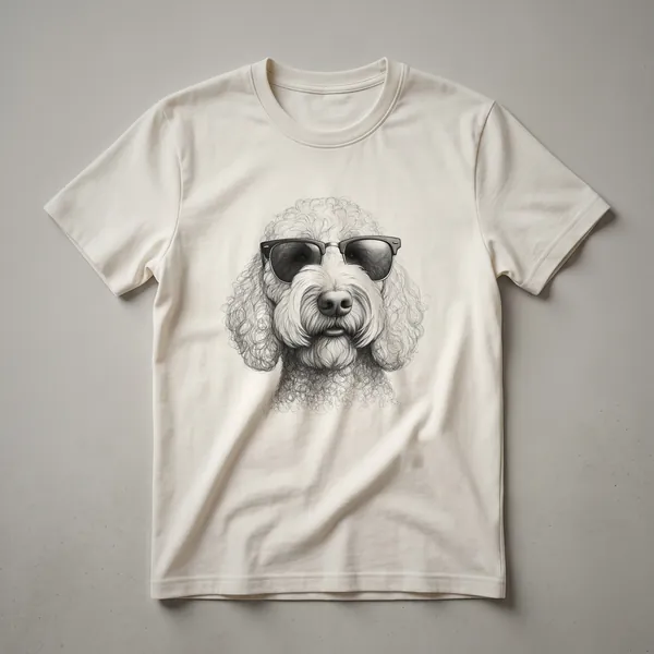 White graphic t-shirt featuring a Labradoodle wearing sunglasses with a distressed American flag design in red, white, and blue.