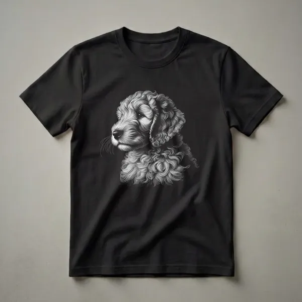 Black and white scratchboard art t-shirt featuring the profile of a Goldendoodle puppy's face with curly fur and a detailed nose and eye.
