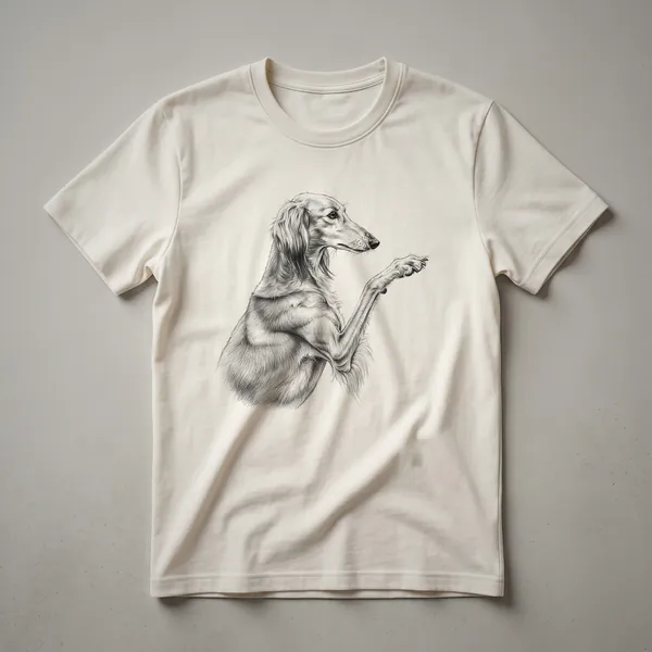 Black graphic t-shirt featuring a minimalist line art drawing of a Saluki dog with its front paw raised.