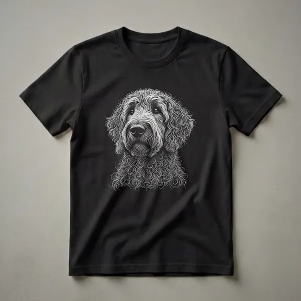 Black t-shirt featuring a white line art illustration of a Labradoodle dog's face, showcasing its curly fur and expressive eyes.