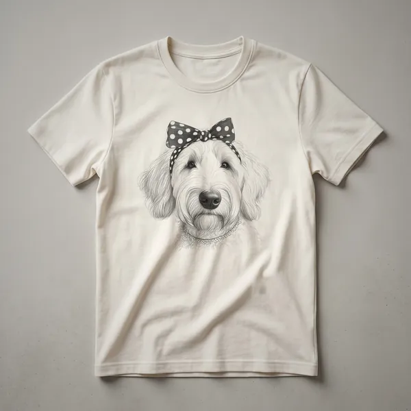 White graphic t-shirt featuring a Labradoodle dog's face adorned with a floral crown, designed for women and girls.