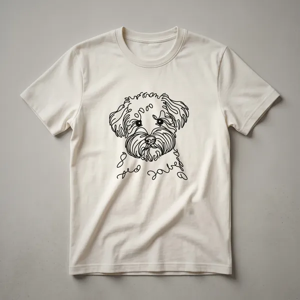 A white t-shirt featuring a black line art drawing of a Schnoodle dog's head and upper body.