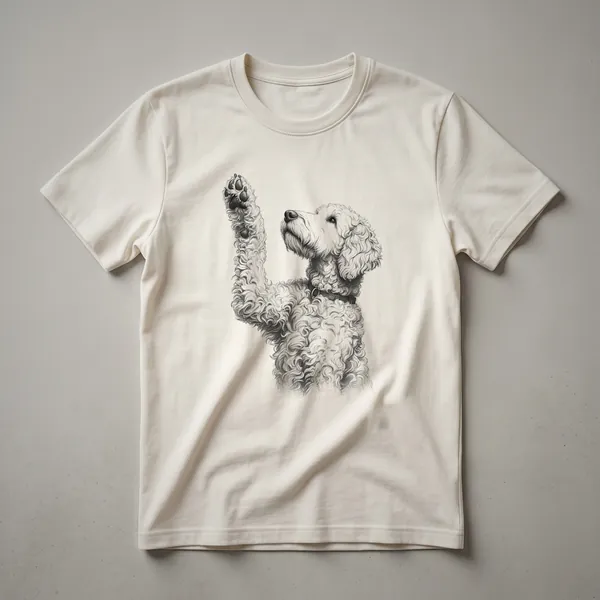 A black t-shirt featuring a graphic illustration of a Labradoodle dog with its front paw raised, looking towards the viewer.