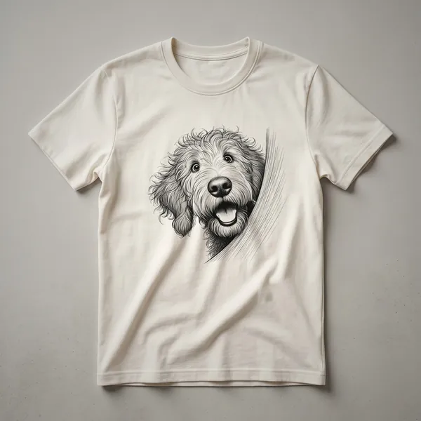 White t-shirt with a cartoon Labradoodle dog peeking over the bottom edge, showing its head and front paws.
