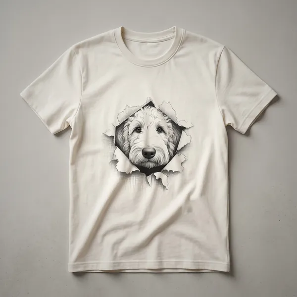 White t-shirt with a cartoon Labradoodle dog peeking from the bottom edge, showing its head and front paws.