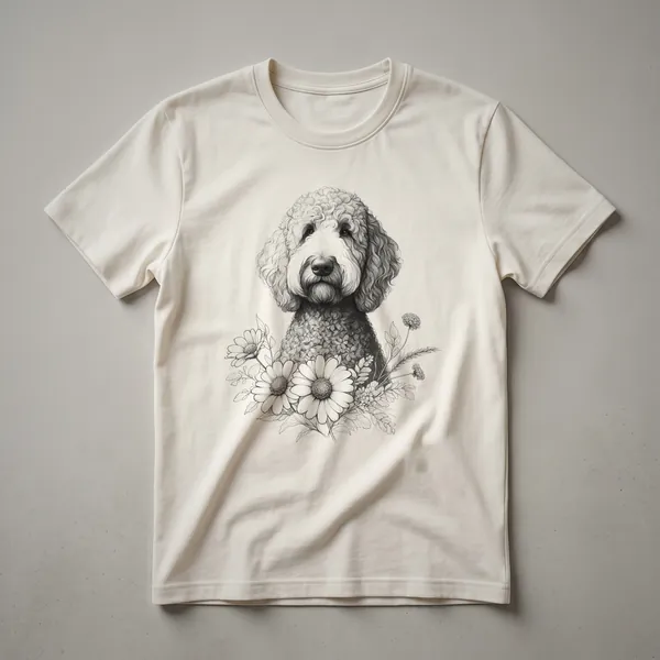White graphic t-shirt featuring a stylized Labradoodle face surrounded by colorful flowers, designed for dog moms.