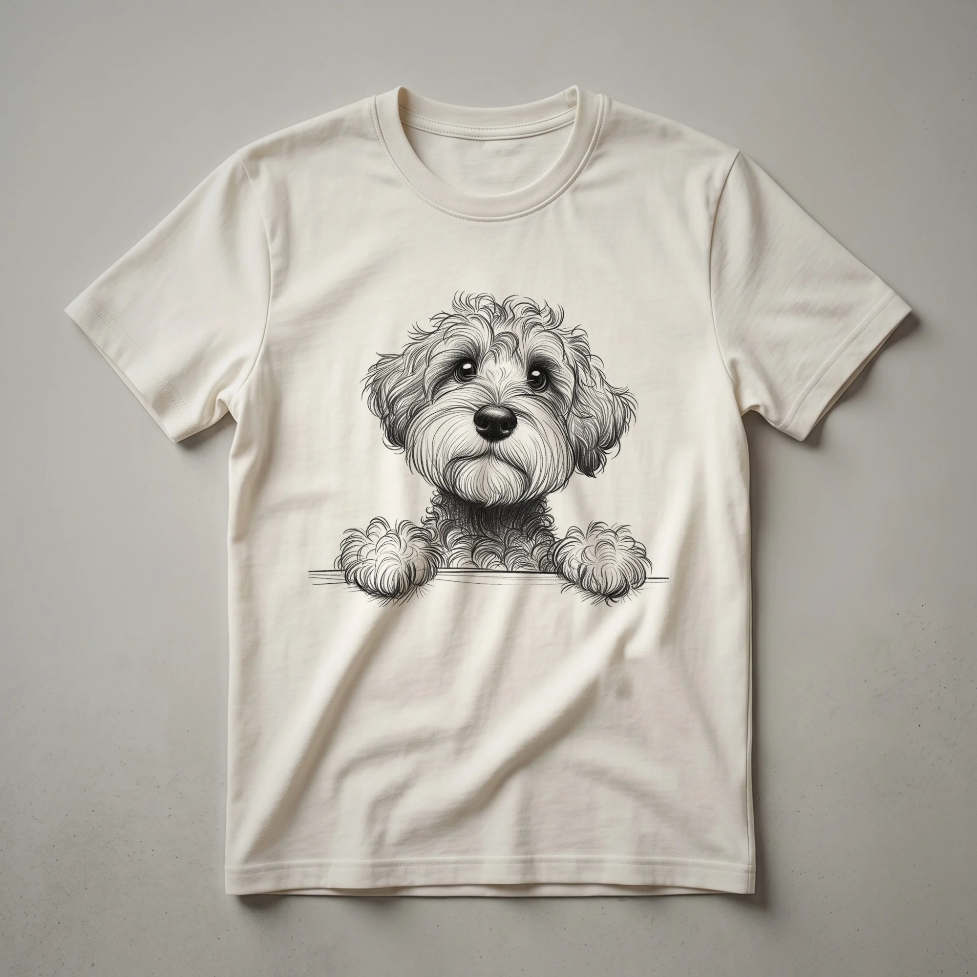 White graphic t-shirt featuring a cartoon Schnoodle dog with brown and white fur peeking over the bottom edge of the design.