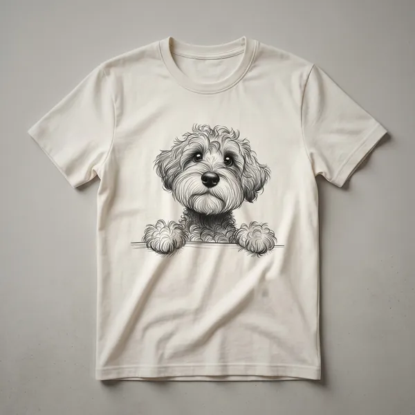 White graphic t-shirt featuring a cartoon Schnoodle dog with brown and white fur peeking over the bottom edge of the design.