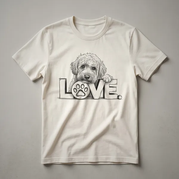 White graphic t-shirt featuring a stylized Labradoodle dog face with a heart shape in its nose, designed for dog lovers.