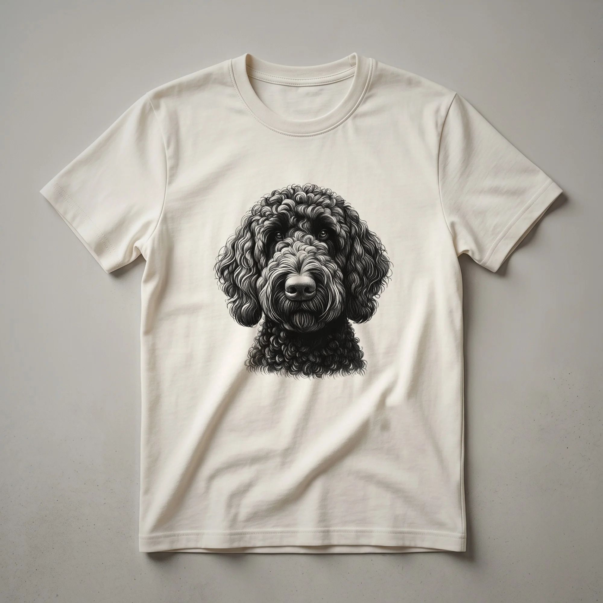Black and white graphic t-shirt featuring the artistic head of a Labradoodle dog with curly fur.