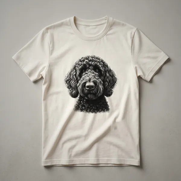 Black and white graphic t-shirt featuring the artistic head of a Labradoodle dog with curly fur.