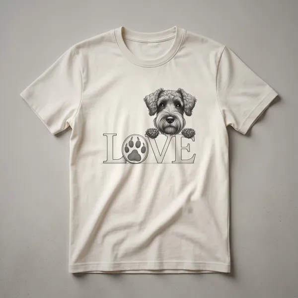 White graphic t-shirt featuring a heart shape formed by two dog paws with the word 'LOVE' in the center, designed for Schnoodle dog lovers.