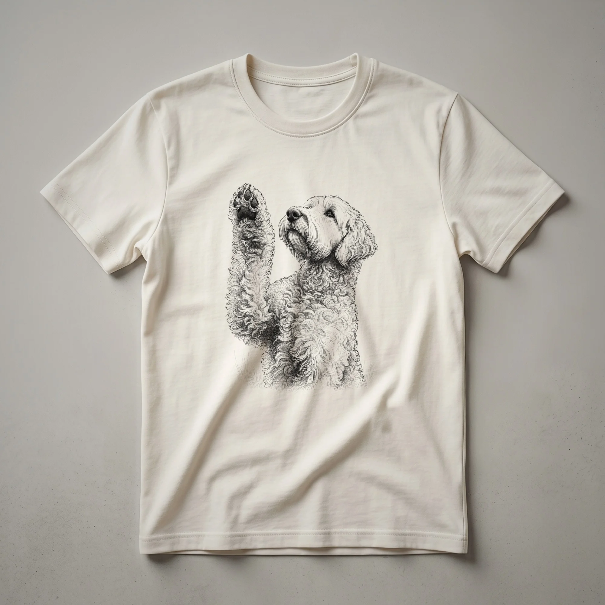 White graphic t-shirt with a black dog paw print design where the main pad is shaped like a heart.