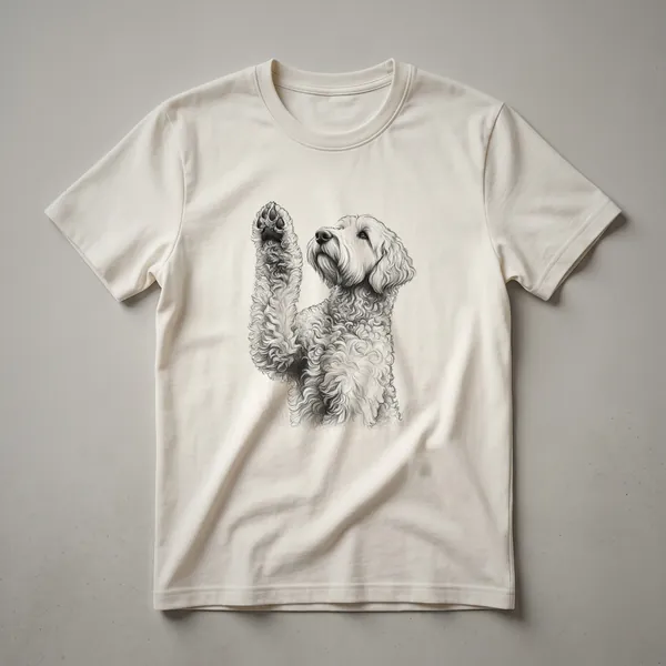White graphic t-shirt with a black dog paw print design where the main pad is shaped like a heart.