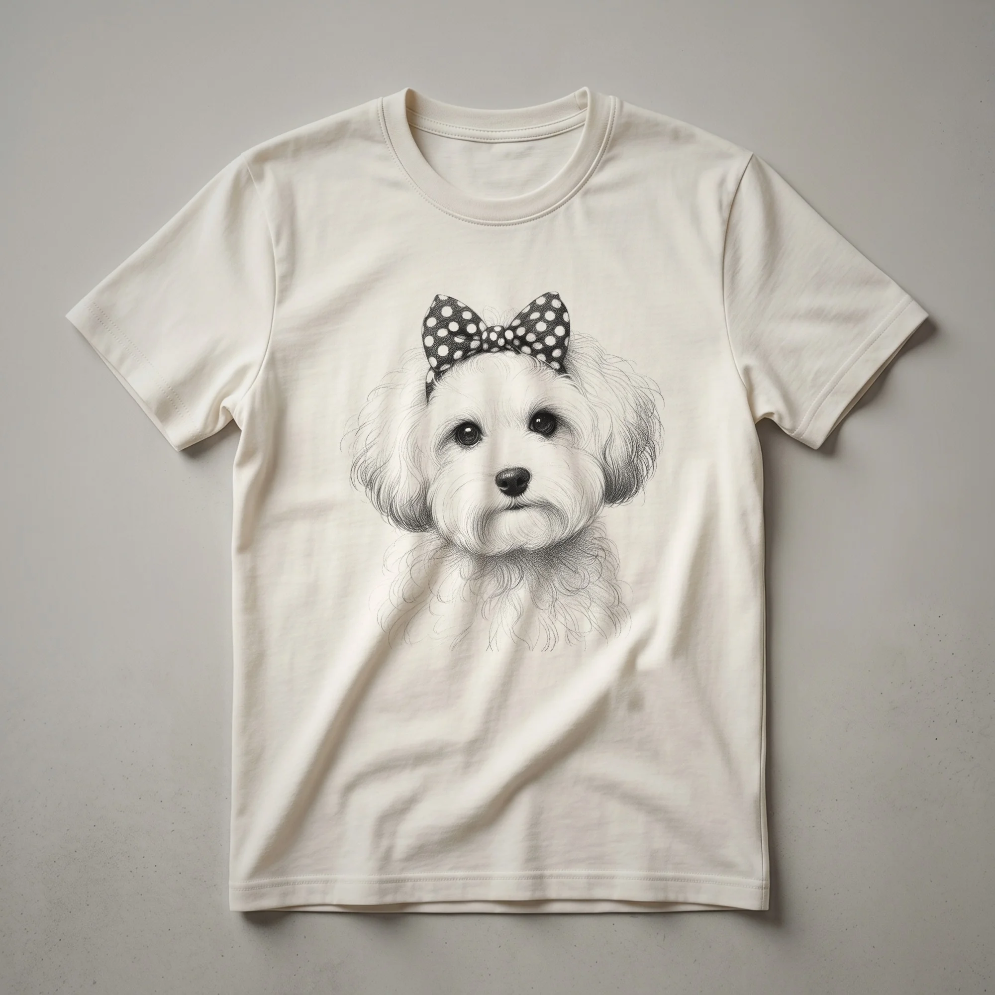 White graphic t-shirt featuring a cartoon illustration of a Maltipoo dog's face with the text 'Maltipoo Mom' above it.