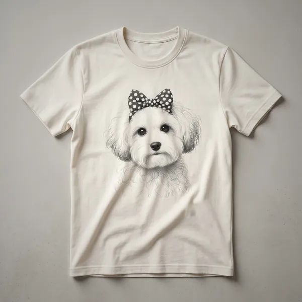 White graphic t-shirt featuring a cartoon illustration of a Maltipoo dog's face with the text 'Maltipoo Mom' above it.