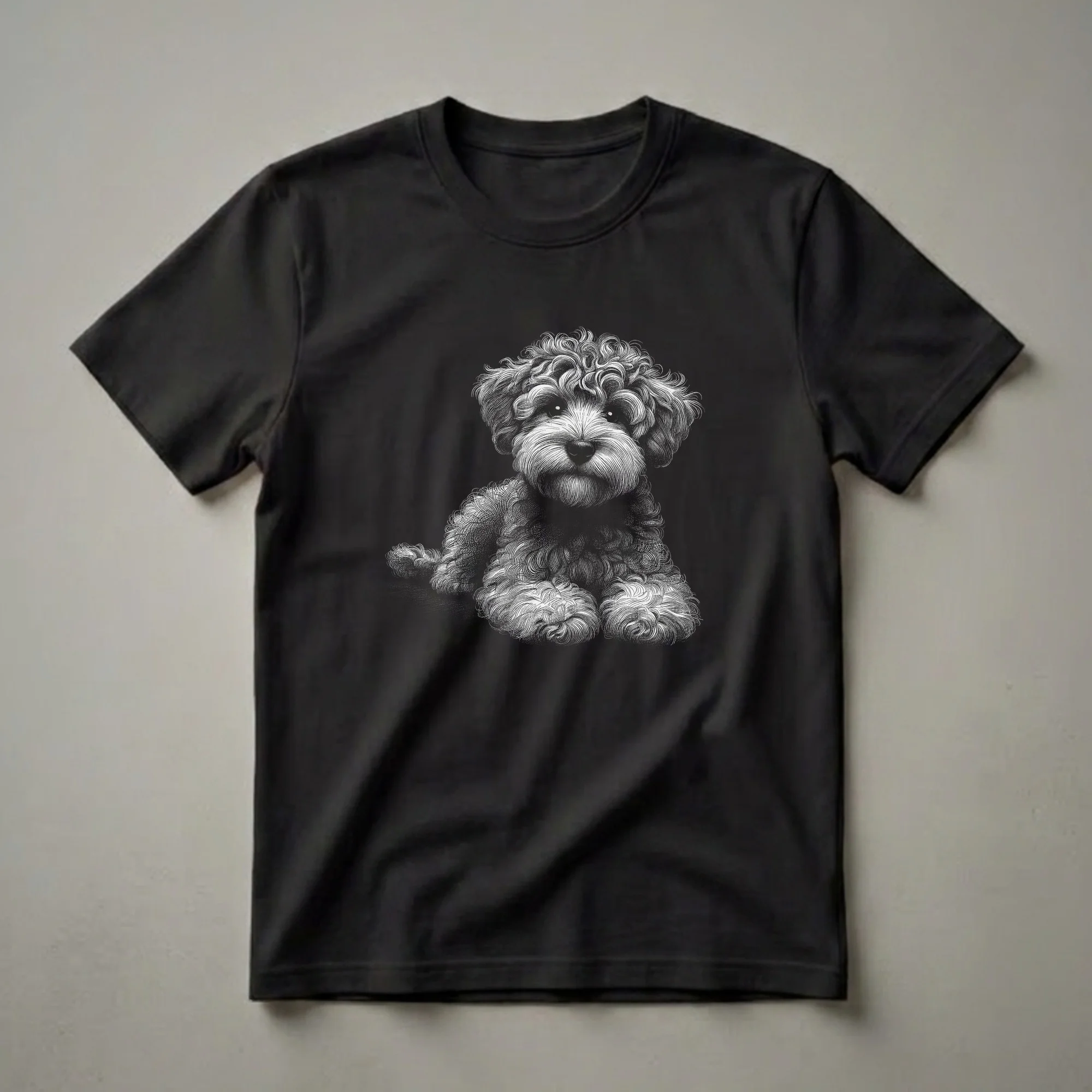 Black and white scratchboard art t-shirt featuring a Schnoodle dog lying down with its paws crossed, set against a solid black background.