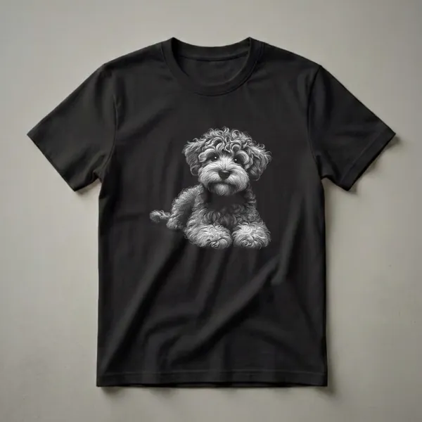 Black and white scratchboard art t-shirt featuring a Schnoodle dog lying down with its paws crossed, set against a solid black background.