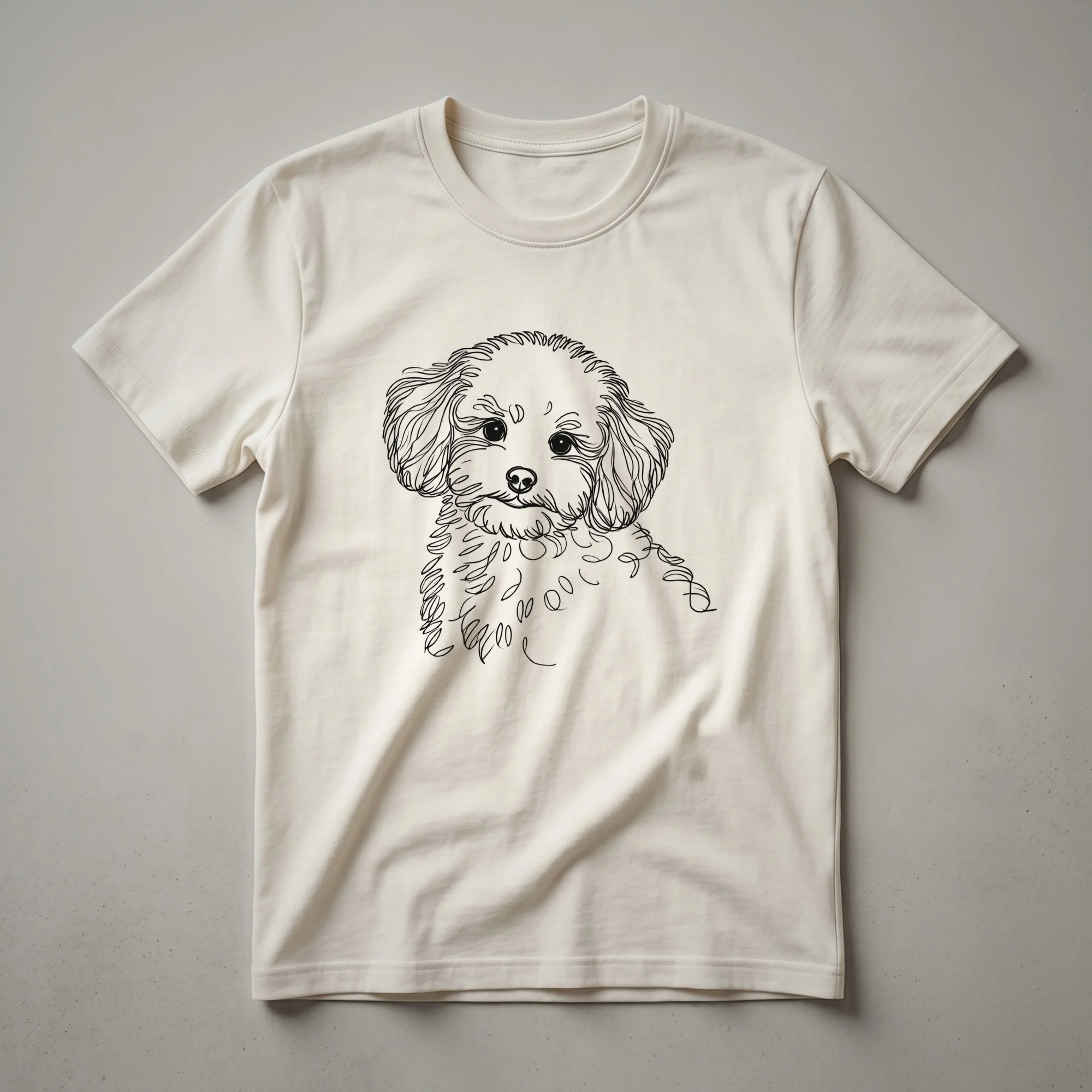 A black minimalist line art drawing of a Maltipoo dog on a white t-shirt, showcasing its distinctive silhouette.