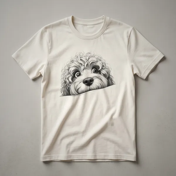 A black t-shirt with a graphic of a brown and white Cockapoo dog peeking over the bottom edge.