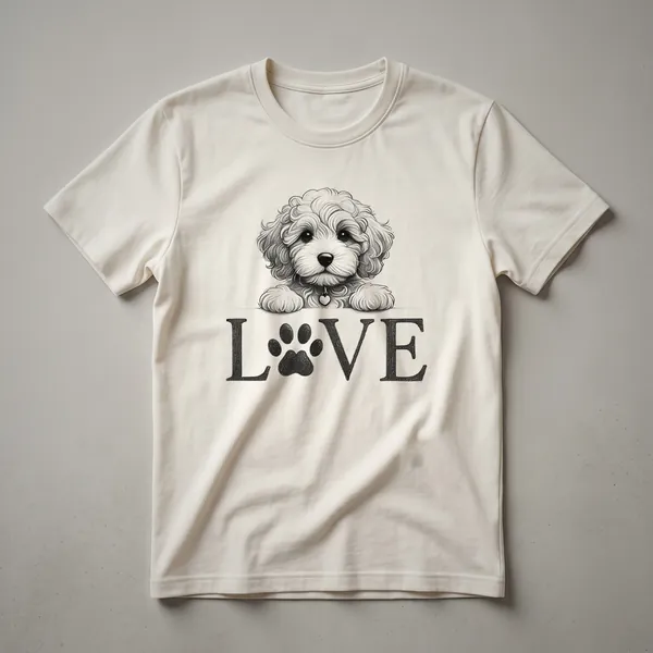 White graphic t-shirt featuring a stylized black and white illustration of a Cockapoo dog's face with its nose shaped like a heart.