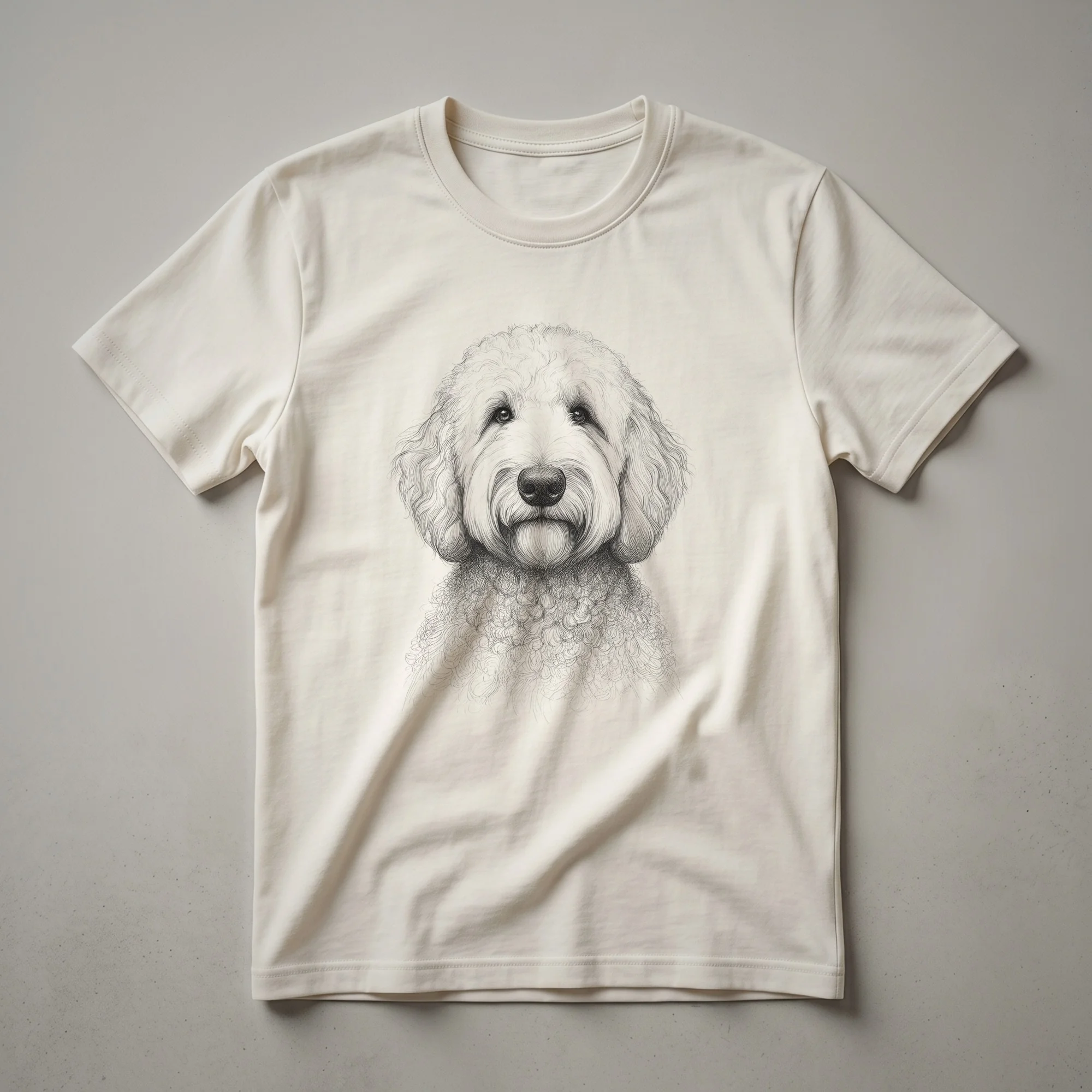 Black line sketch of a Goldendoodle dog's head with curly fur details on a white t-shirt, set against a plain background.