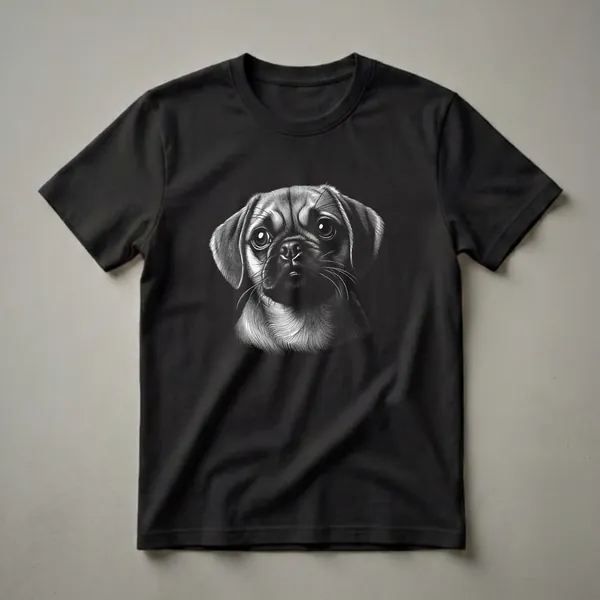 Black and white scratchboard art illustration of a Puggle dog's face, featuring large expressive eyes and wrinkled features, on a black t-shirt.